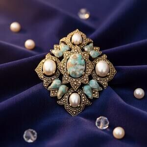 Vintage 1960s Sarah Coventry Remembrance Brooch Gold Tone Faux Pearl Turquoise